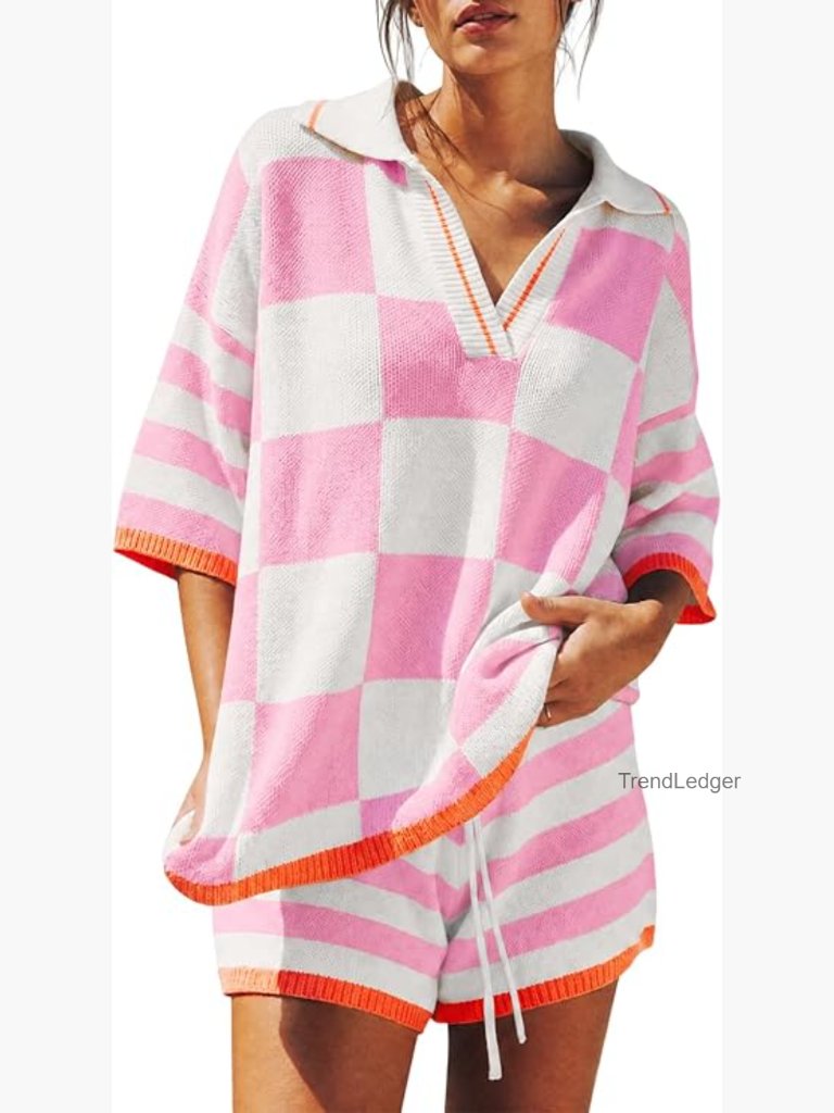 V Neck Knit Shorts Lounge Matching Set 2 Piece Outfit